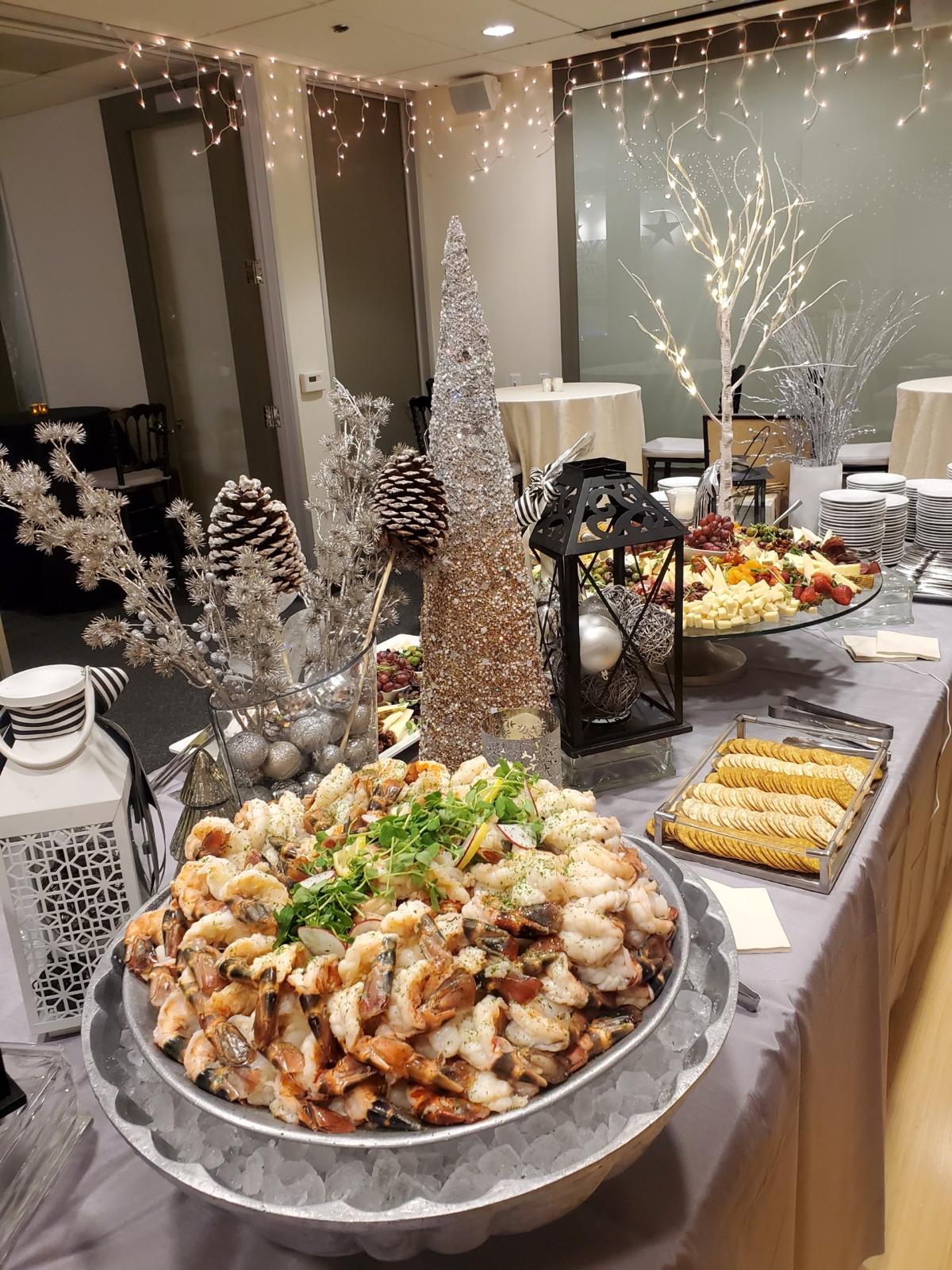 Chilled shrimp and cheese display showing full-service holiday catering