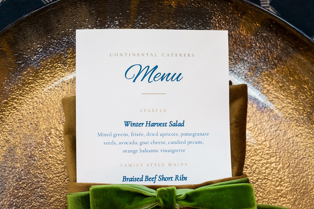 Printed menu, gold charger